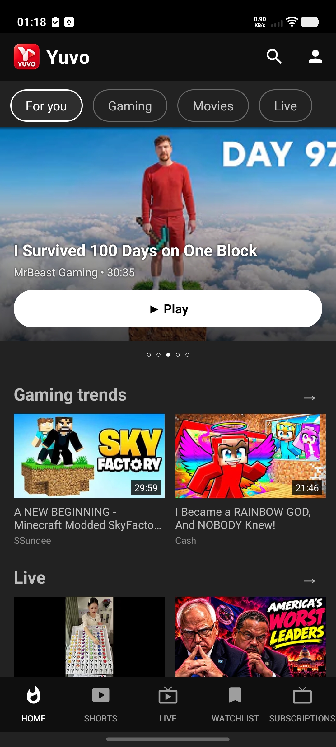 Yuvo home screen with videos, gaming, and live streams